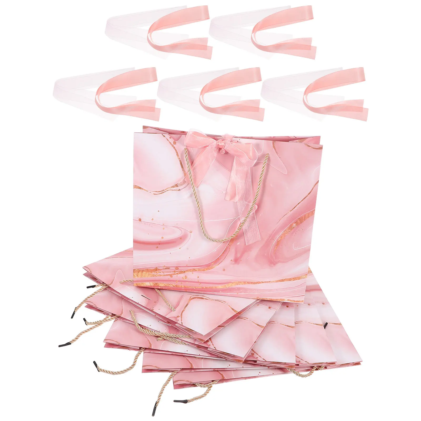 

6Pcs Marble Print Paper Favor Bags with Bow Ribbon DIY Satin Tulle Ribbon Luxury Elegant Present Bag for Wedding Birthday Party