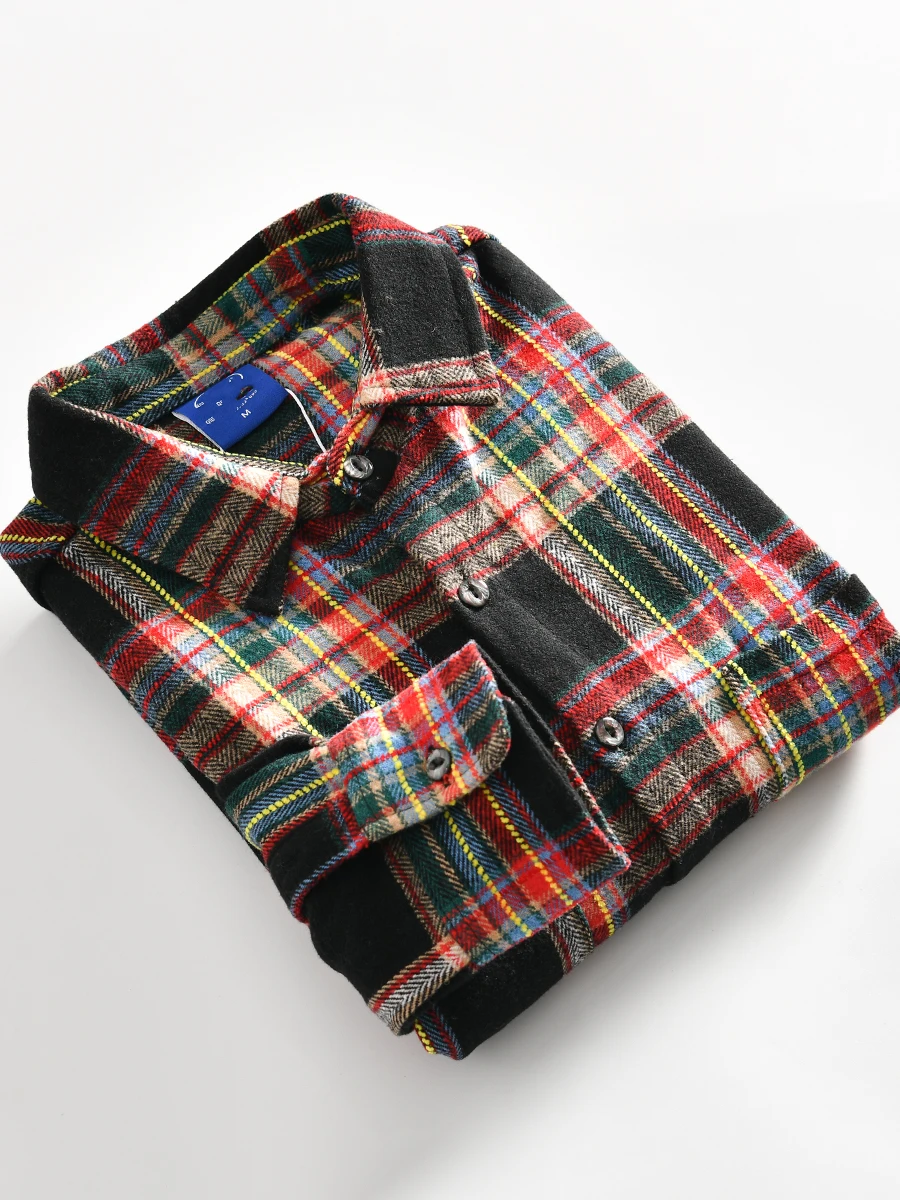 

High Weight Color Woven Plaid Long Sleeve Men's Shirt Spring Season Retro Couple Style Woolen Checkered Button up Top