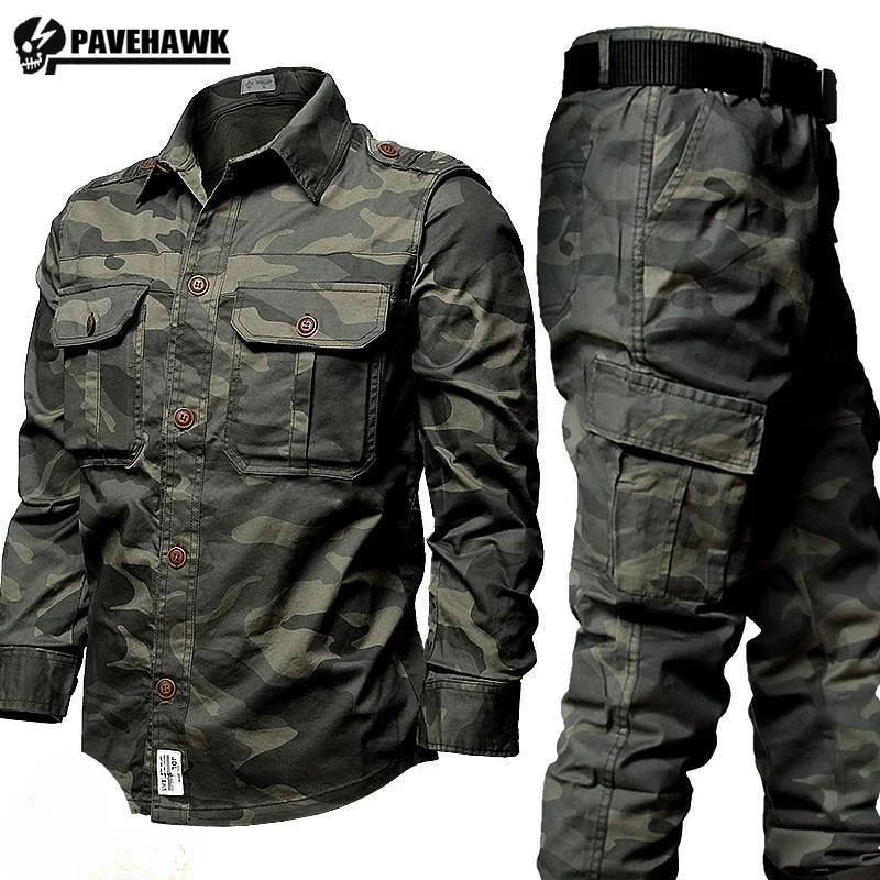 Outdoor Work Mens Set Hiking Wear-resistant Cotton Camouflage Suits Combat Elastic Shirt Multi Pocket Tactical Pants Ensemble