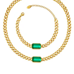 Chunky Cuban Chain Green Black Stone Square Pendant Bracelet Necklace Set Jewelry Stainless Steel Waterproof Glass Necklace Gift