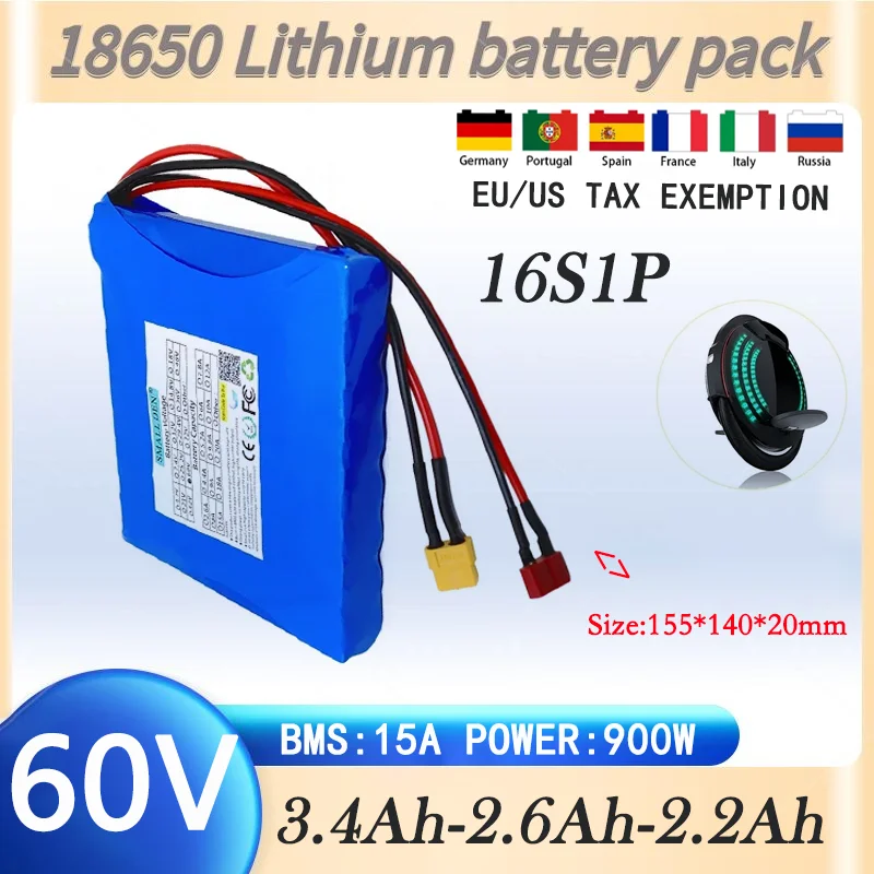 60V 3.4Ah 2.6Ah 2.2Ah 18650 16S1P is suitable for high-power rechargeable lithium batteries and high-capacity solar energy with