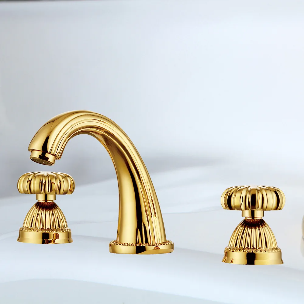 Widespread Basin Faucet  Bathroom Hot and Cold 8' Crystal Gray Gold Brass 3 Hole Sink Mixer Tap Brass