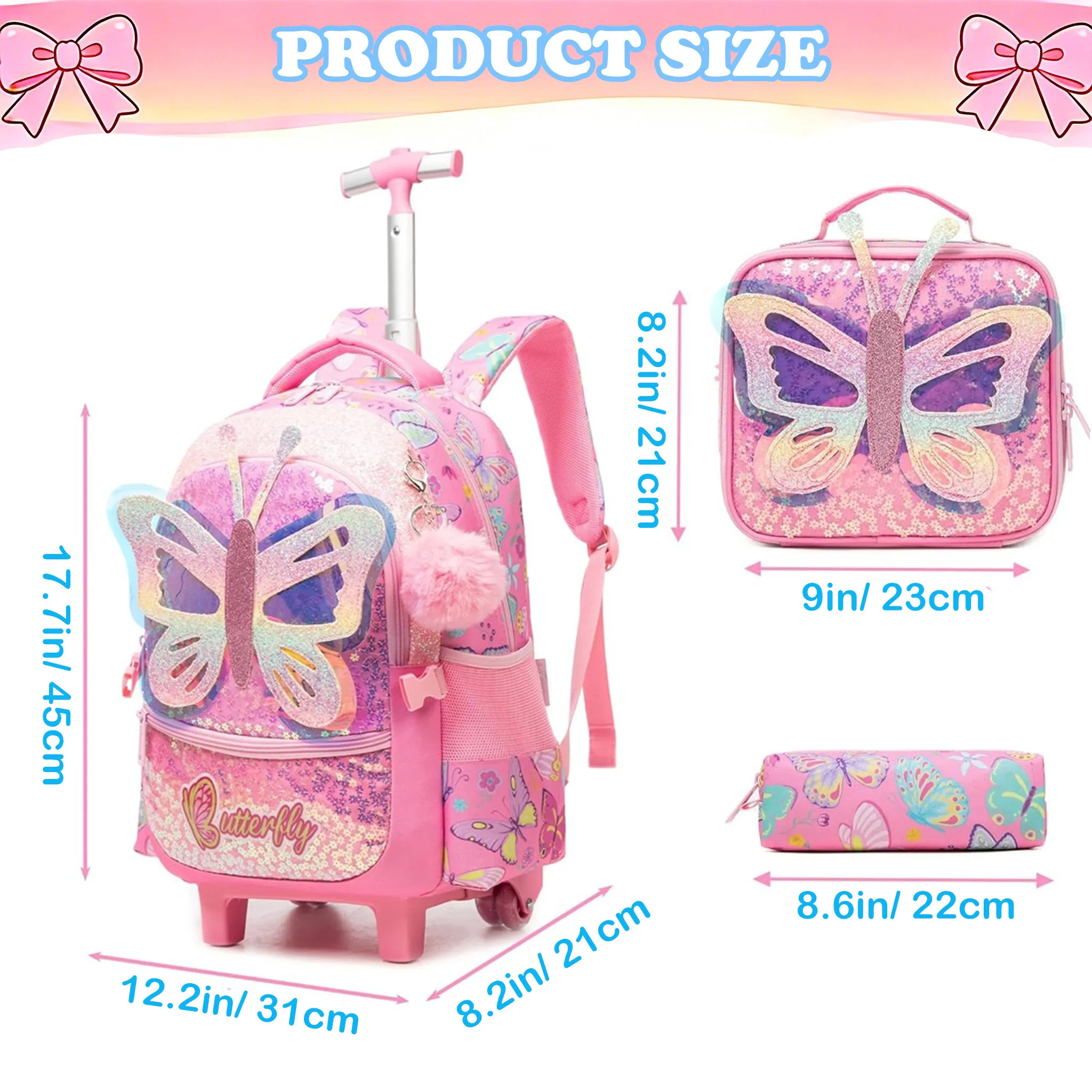 Childrens Rolling Backpack for Girls Kids Backpack on Wheels Travel Bag with Wheels School Trolley Bags with Insulated Lunch Box