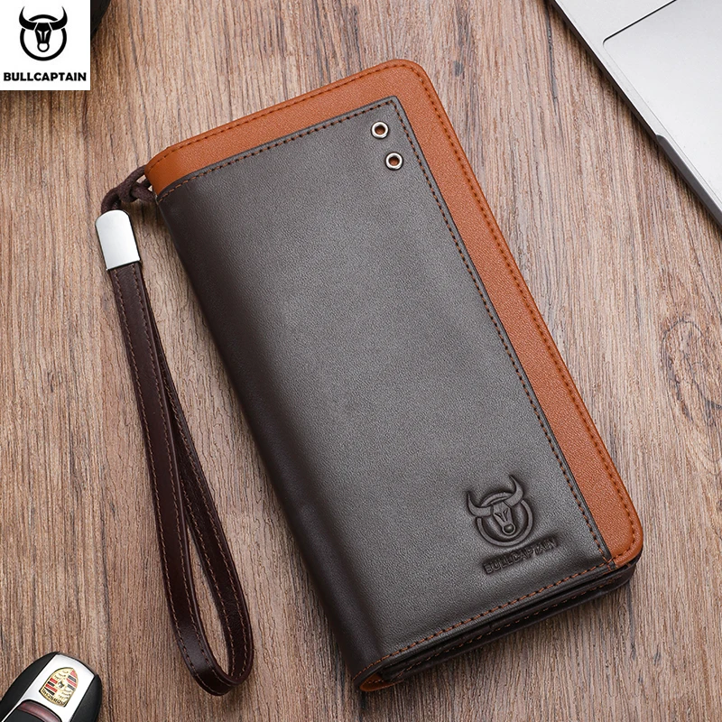 BULLCAPTAIN Genuine Leather Men's Wallet RFID Blocking Long Purse Coin Case Passport Cover For Mens Credit Card Holder