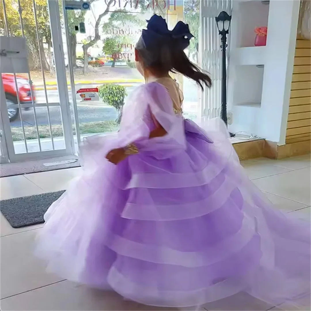 فستان فتاة الزهور الخزامى المخصص لحفلات الزفاف مزين بالدانتيل مع فيونكة الأميرة أول مناولة لحفلات أعياد الميلاد #4