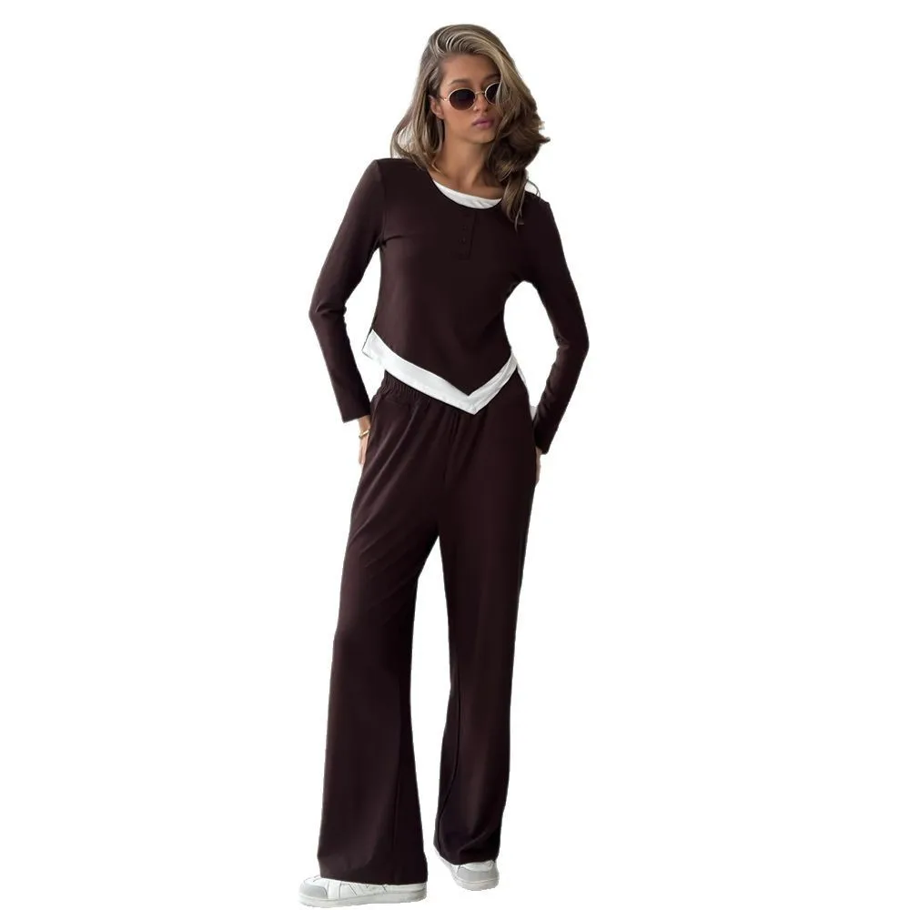 Autunno Moda Patchwork T-shirt Pantaloni lunghi da donna a maniche lunghe Set da 2 pezzi Casua Pantaloni lunghi sportivi Set da indossare per la casa femminile 2025