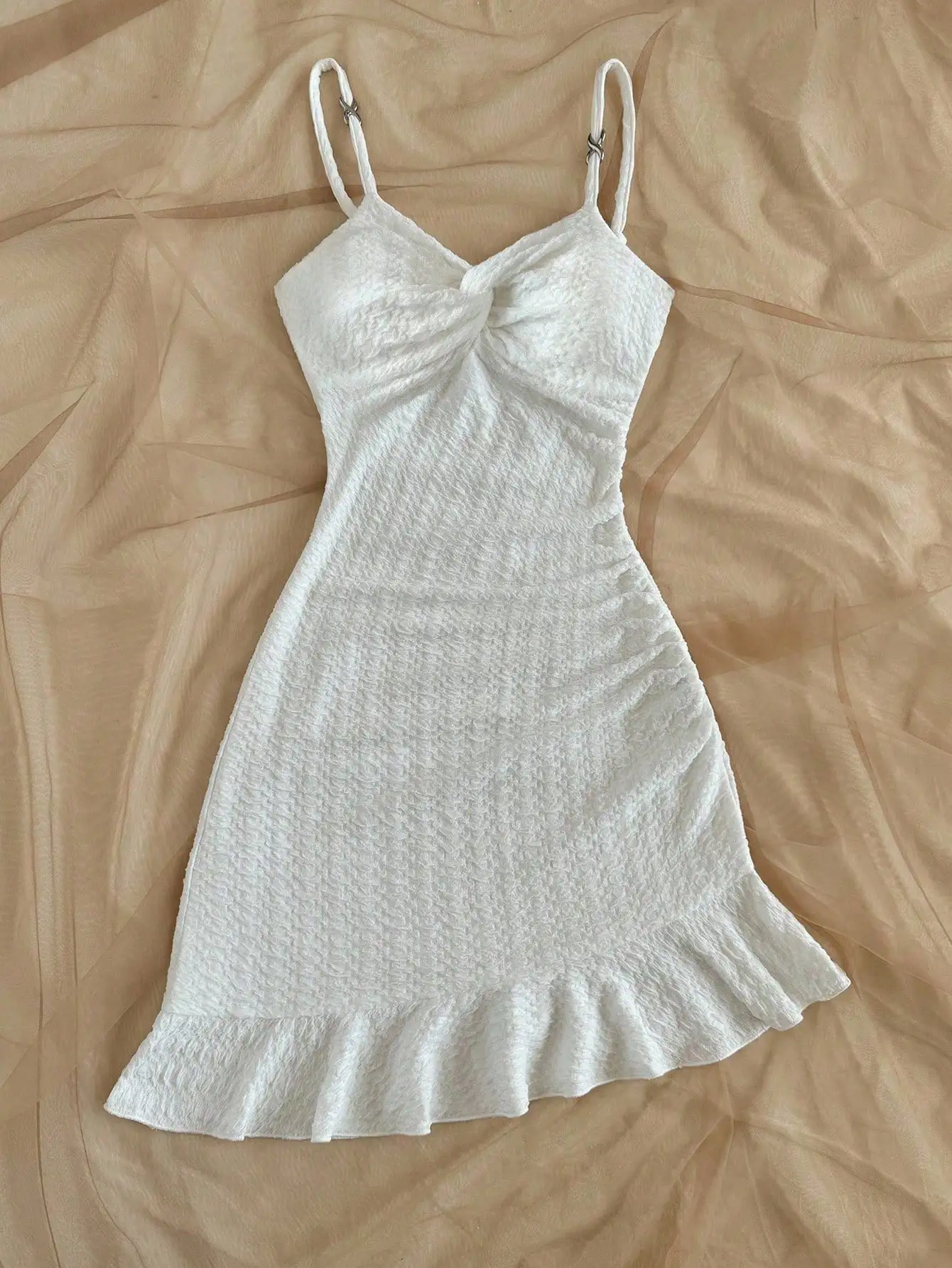 White Textured Knit Twist Bust Ruffle Hem Bodycon Mini Dress for Vacation Party
