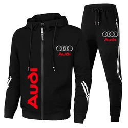 Heren Trainingspak Heren Audi Logo Print Sweatshirt Met Rits + Broek 2 Delig Pak Fitness Jogging Sets Pak Audi Heren Kleding Sportkleding