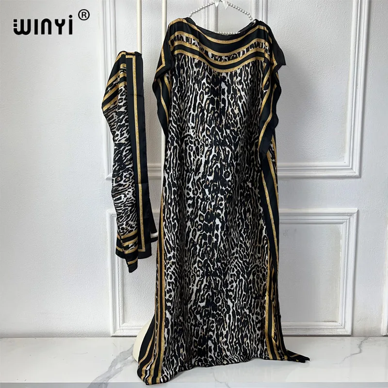 

WINYI african dress woman elegant abaya dubai luxury muslim dress Crew Neck Leopard print Kaftan Maxi Length evening dress