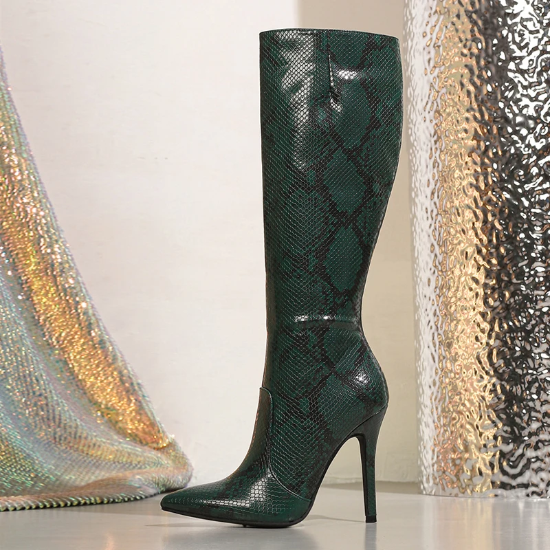 Liyke Sexy Green Snake Print Leather Women Knee High Boots Winter Street Pointed Toe Zip Party Club Stripper Long Shoes Heels