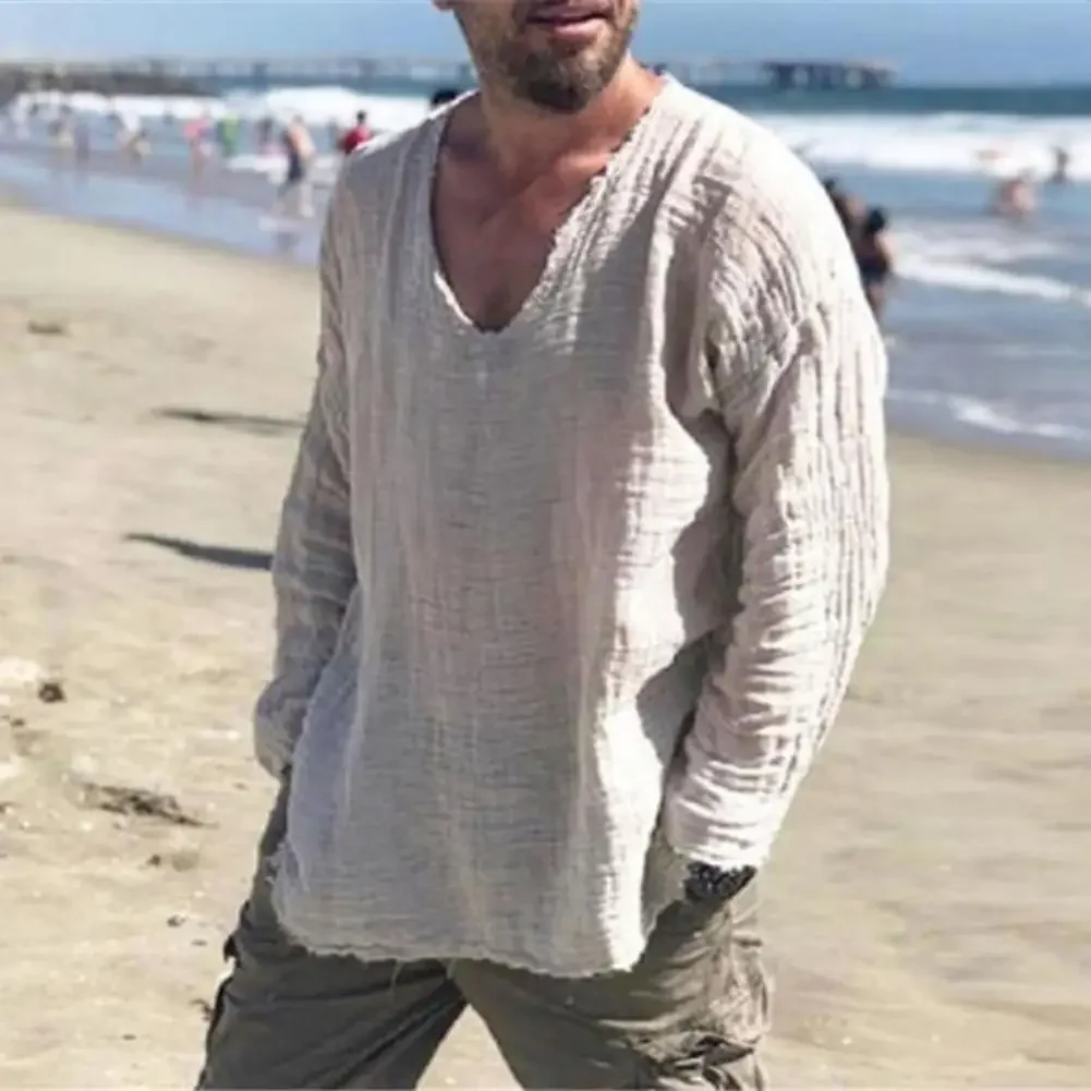 

Мужская рубашка с v-образным вырезом и длинными рукавами, топы с заусенцами, плиссированные свободные тонкие пуловеры, топы, уличная одежда, весна-осень, повседневные красивые мужские рубашки