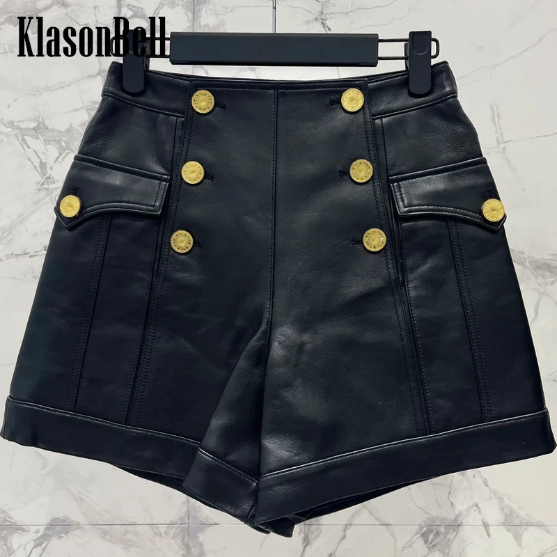 

8.6 KlasonBell Women's Classic Double Breasted Gold Button Pocket Decoration Sheepskin Shorts High Waist Versatile Shorts