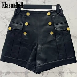 8.6 KlasonBell Women's Classic Double Breasted Gold Button Pocket Decoration Sheepskin Shorts High Waist Versatile Shorts