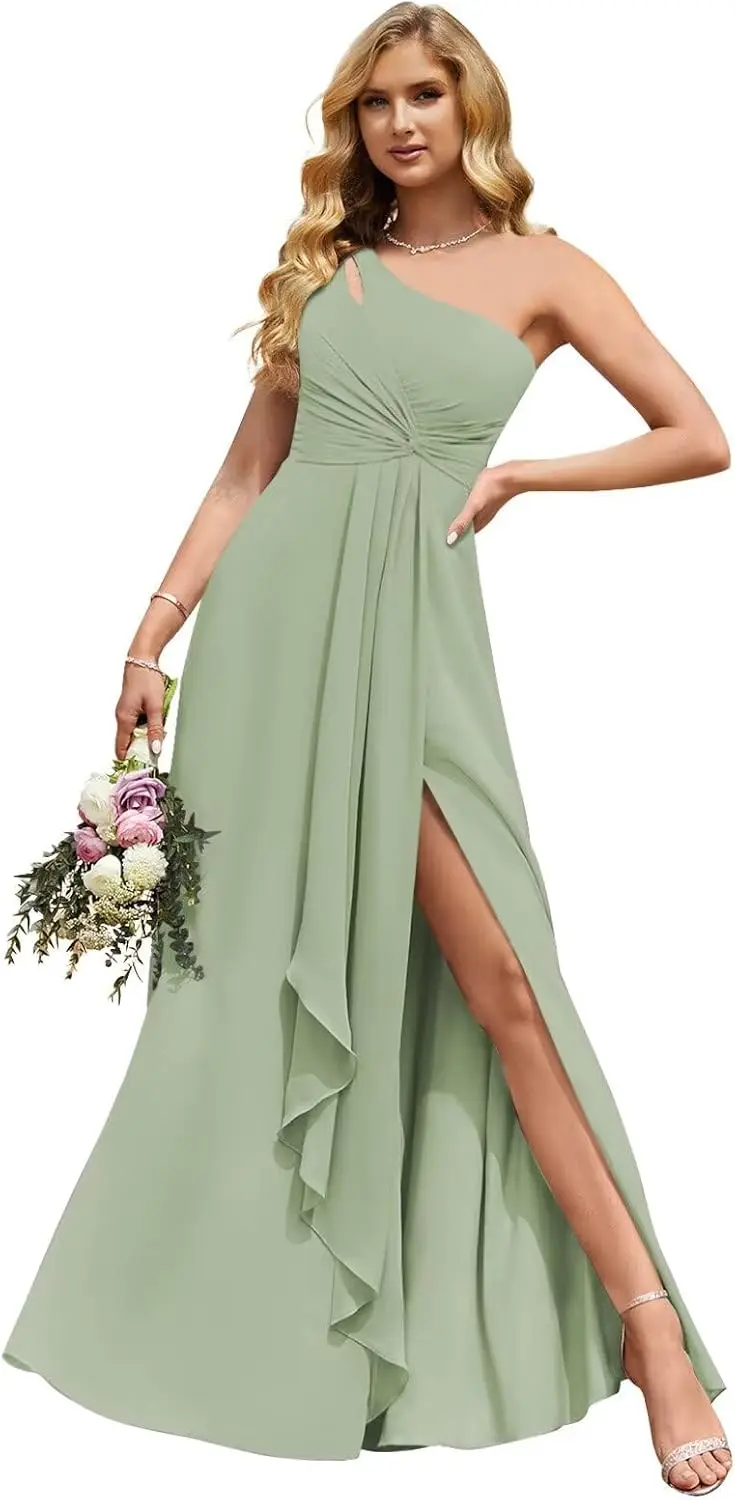 

Chiffon One Shoulder Bridesmaid Dresses with Slit Long Ruched A Line Formal Evening Dress with Pockets Party Dress Luxury Dress
