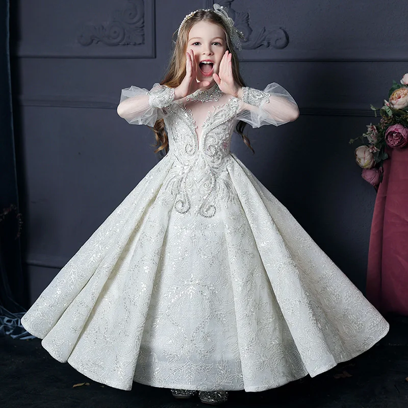 Elegant Princess Lace Dress Kids Applique Embroidery Dress For Girls Vintage Children Dresses for Christmas Party Ball Gown