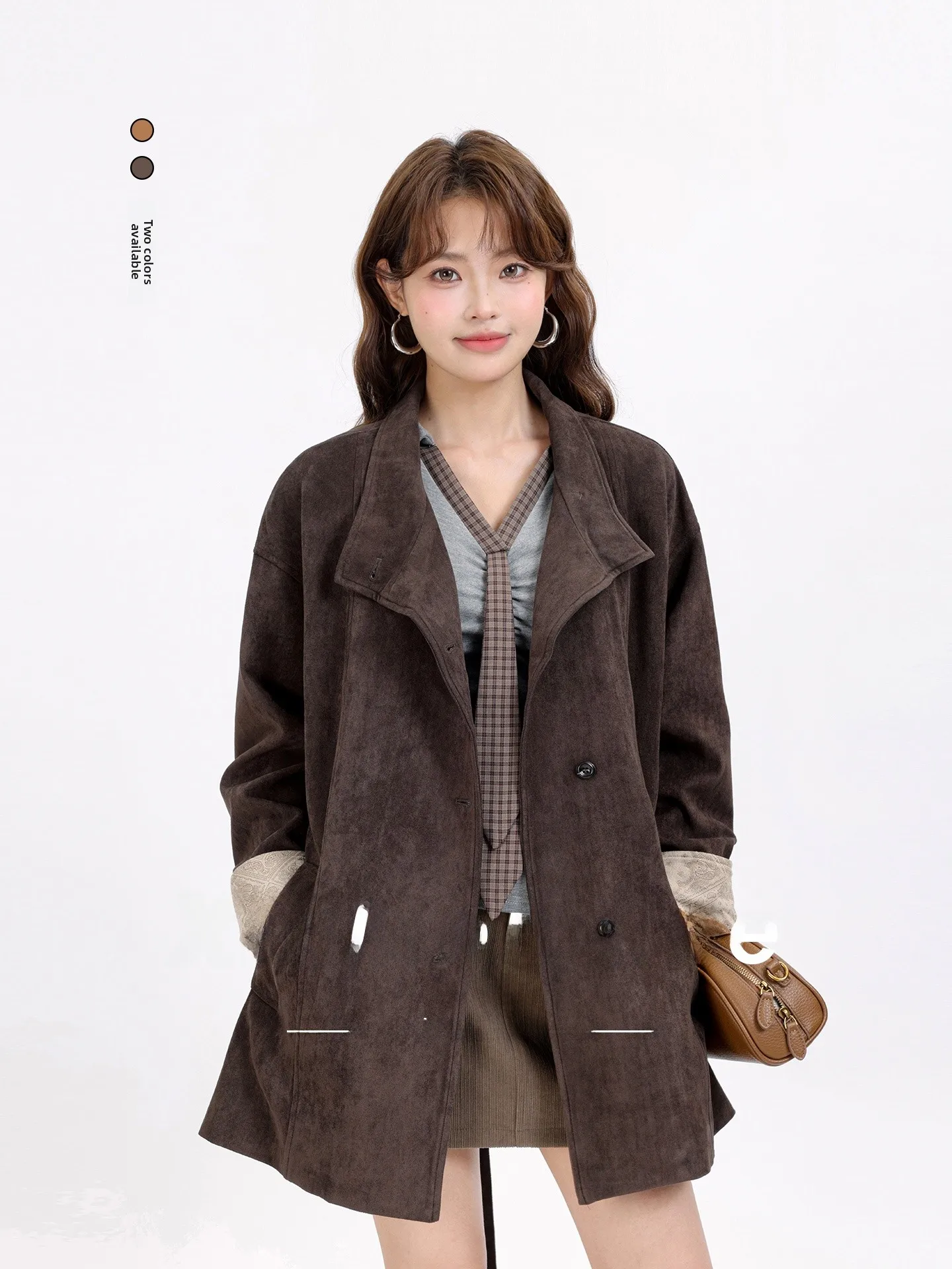 

Корейское замшевое платье с поясом для похудения, свободное длинное пальто контрастного цвета, дизайн свера, женская модная зимняя верхняя одежда