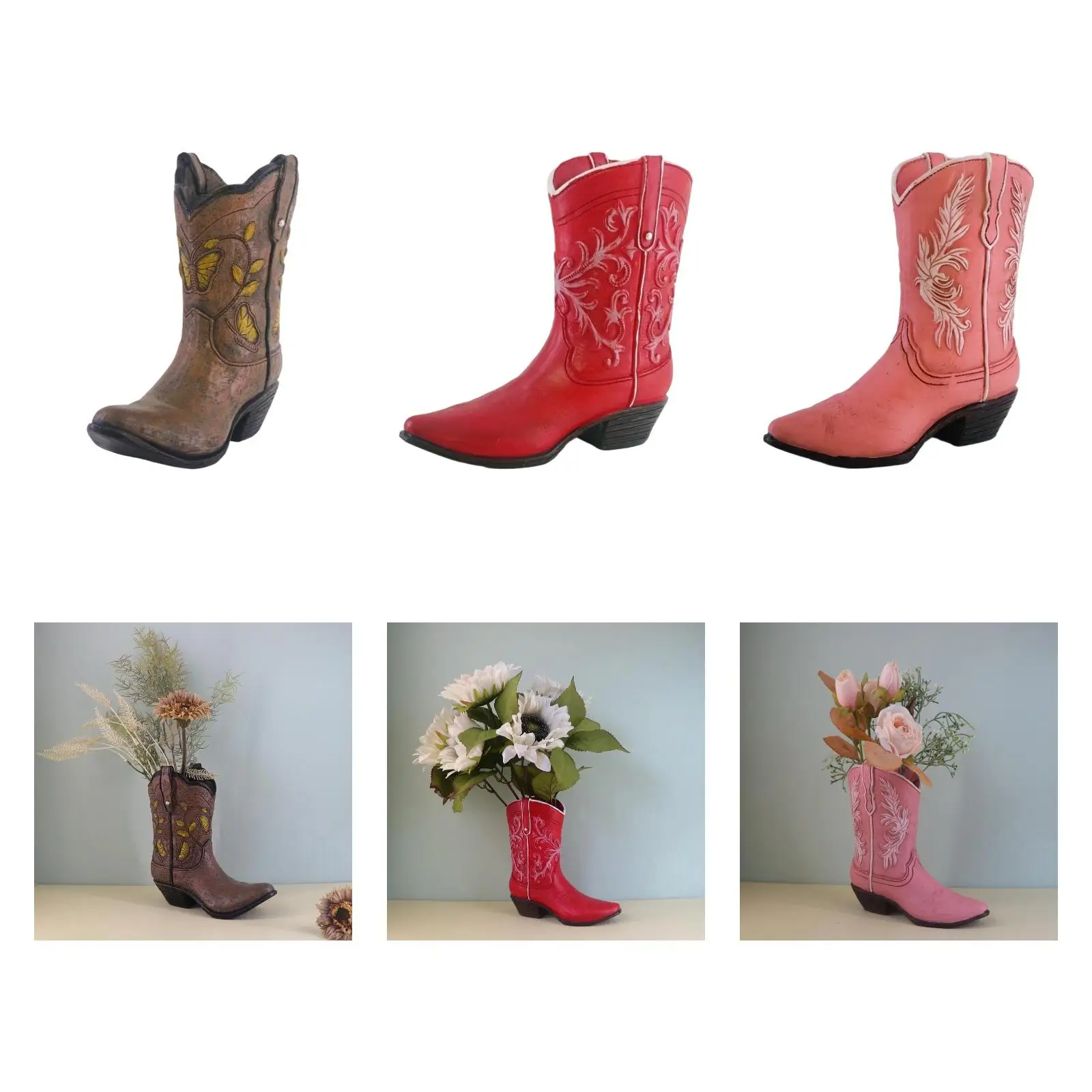 Wazon w kształcie kowbojskich butów do aranżacji kwiatowych, donica z żywicy, dekoracja wnętrz, na stół.