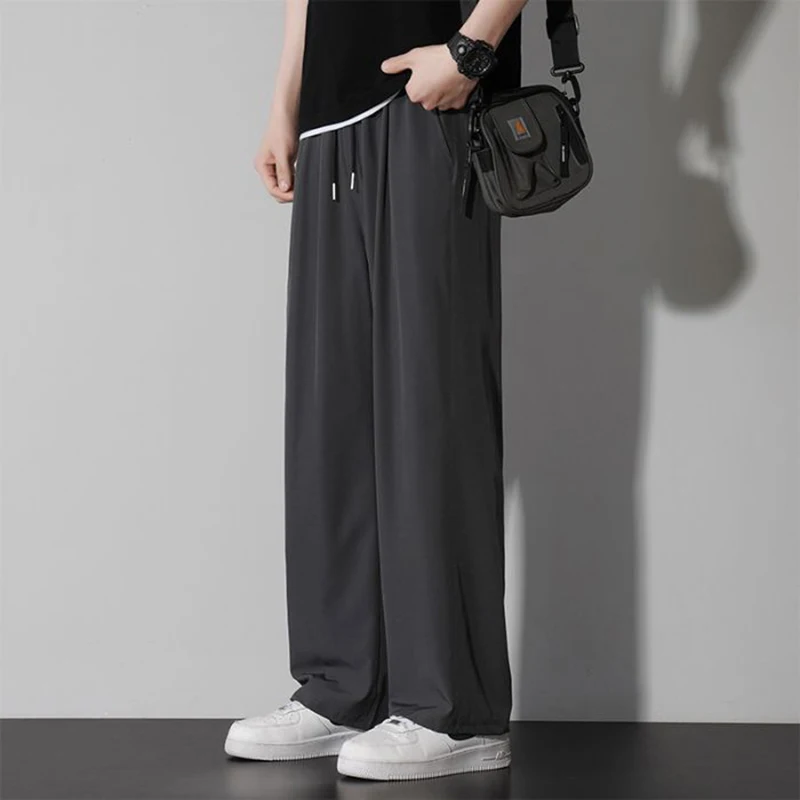 

Men Baggy Stretch Straight Leg Pants Summer Ice Silk Thin Comfortable Versatile Sweatpants Male Daily Casual Wide Leg Trousers