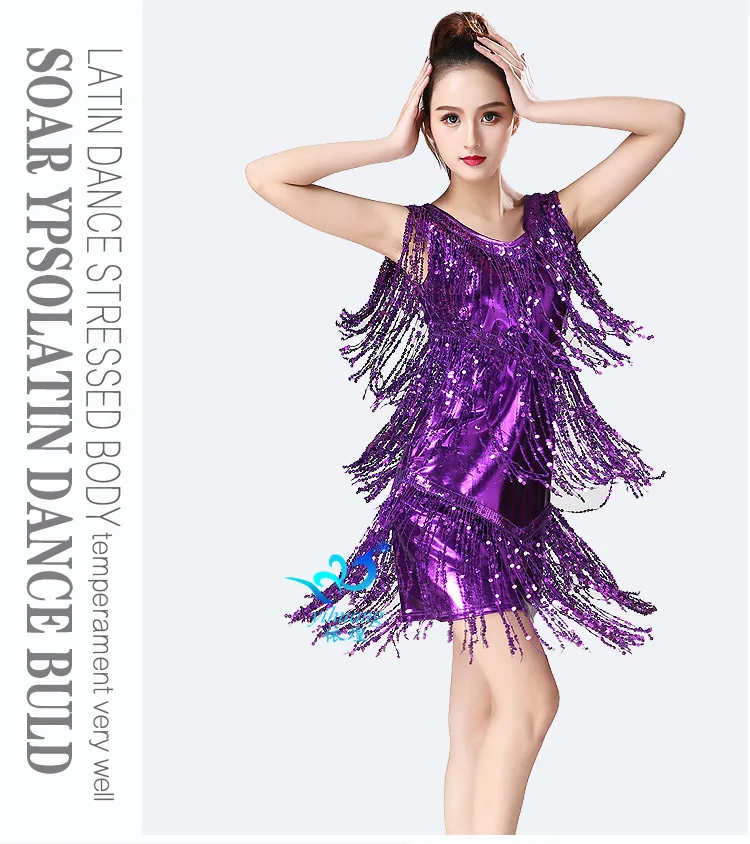 New Sequin Skirt with Tassel Latin Dance Dress for Adults Double V Latin Dance Dress Women's Dance Performance Costume