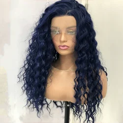 Dark Blue Curly Synthetic Lace Front Wig Natural Afro Long Deep Wave Hair Colored 13X4 Frontal Kinky Curly Wigs for Women Party