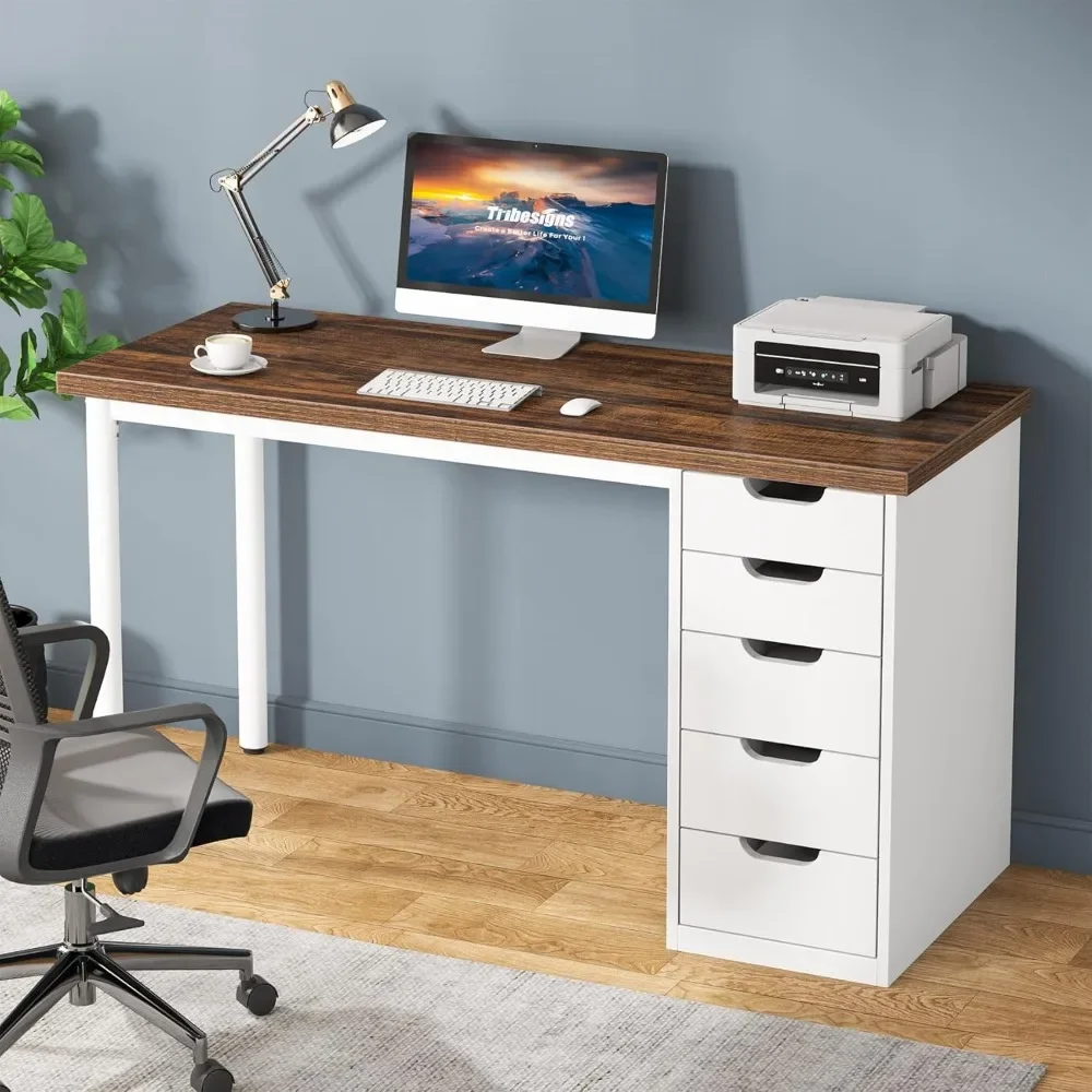 School Desks.Computer Desk with 5 Drawers, 47 inches Rustic Brown Home Office Desk with Storage, Modern Simple Laptop Desk