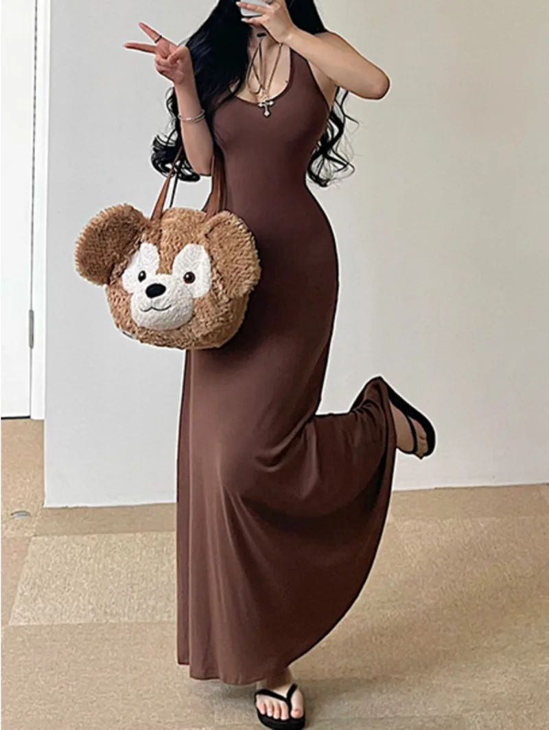 Sweet Women Maxi Dresses Sexy Backless Slim Hanging Neck Dress Long Dress Elegant V Neck Hot Sexy Korean Women Tops 2PLP