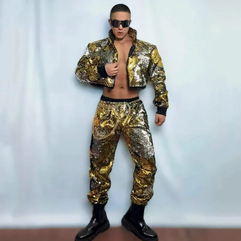 

Men's Shiny Hip Hop Jazz Dance Costume Gold Silver Flipping Sequins Jacket Pants Set Male Dancer Singer Bar Concert Stage Wear