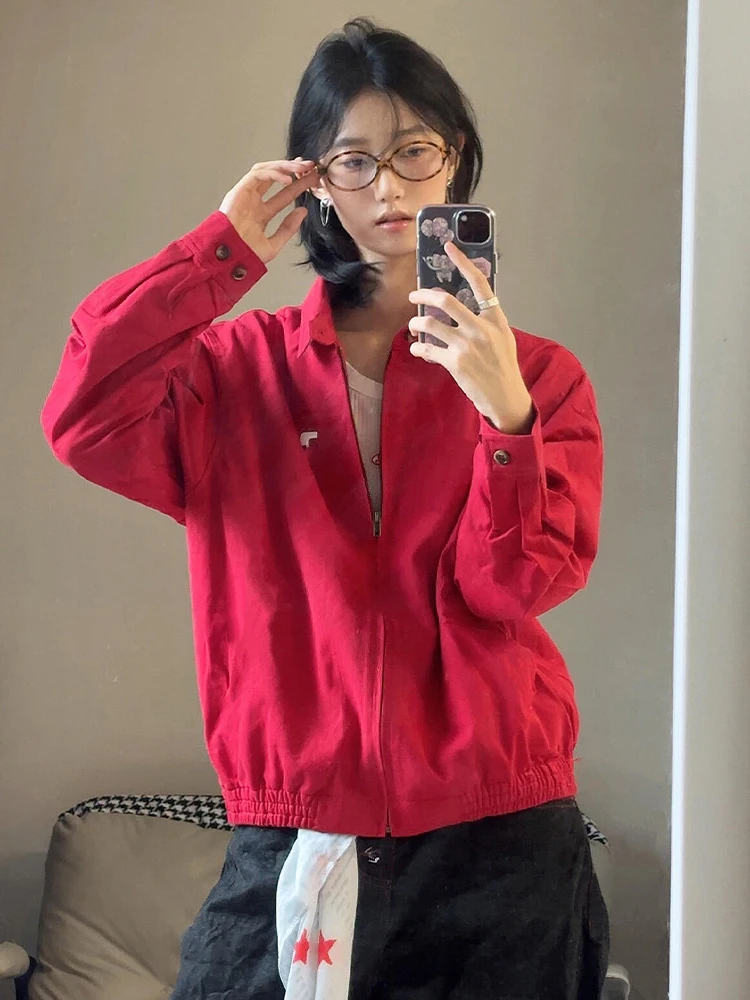 

Dopne Red Jaet ex American Sle ort Harington Zipper Collar High Street Baseball orm Loose Fit Casual Jaet