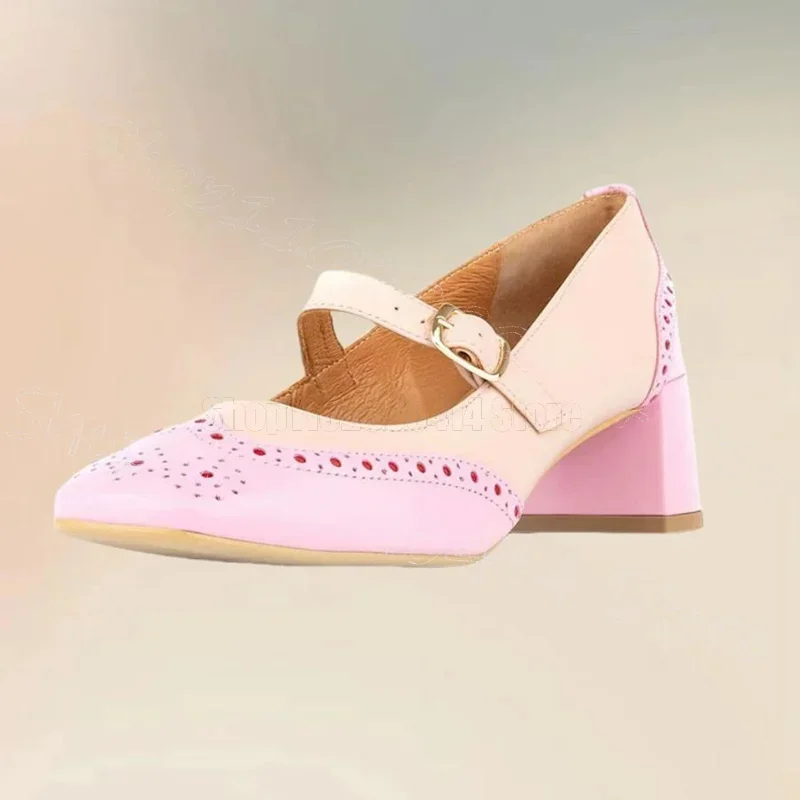 

Pink Carving Design Round Toe Pumps Buckle Strap Women Shoes Chunky High Heels Fashion Party Banquet 2025 Zapatos Para Mujere