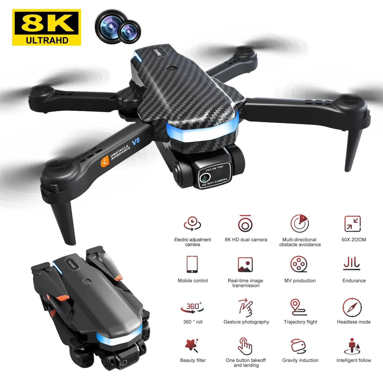 

2024 New V8 Drone Professional 8K HD Camera Mini4 Dron Optical Flow Localization Three sided Obstacle Avoidance Quadcopter Toys