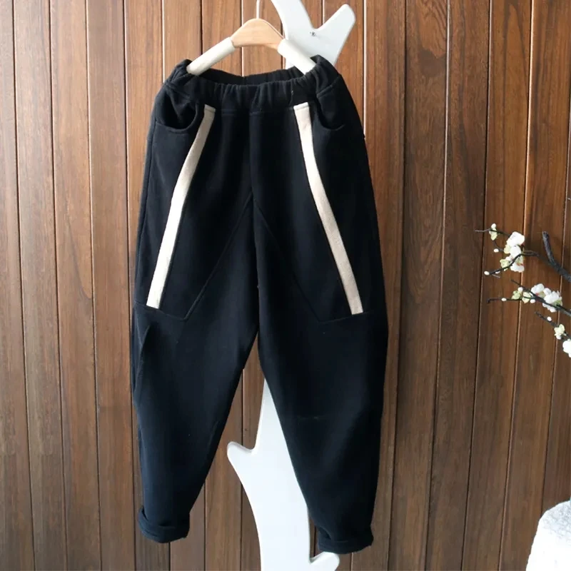 

New Arrival Winter Women Loose Casual Elastic Waist Harem Pants Warmth Thicken Cotton Knitted Pocket Patchwork Pants