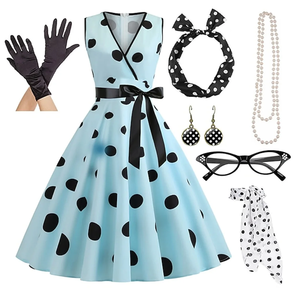 Women's Rockabilly Dress Polka Dots Swing Flare Dress with Accessories Set Earrings Necklace Headband Glasses Gloves Dress