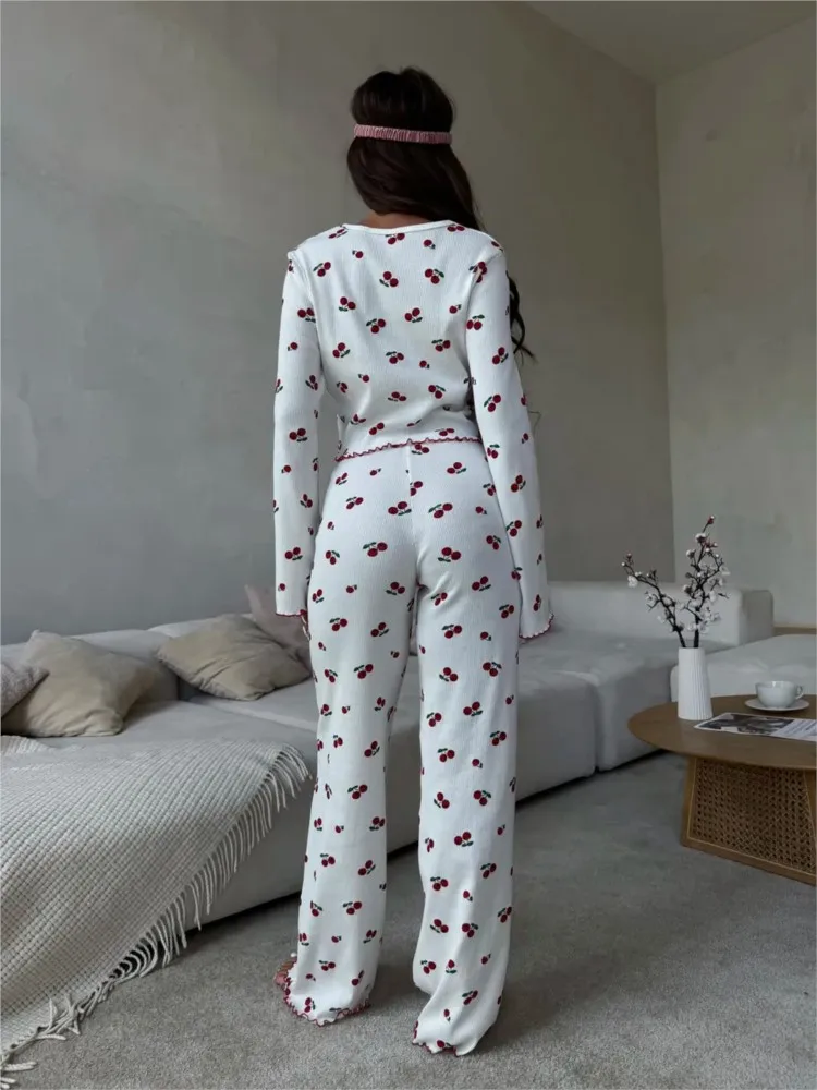 Pigiama Set a due pezzi per donna Stampa moda O-Collo Maniche lunghe Top Pantaloni lunghi Abito Primavera Autunno Donna Casual Nighty Outfit
