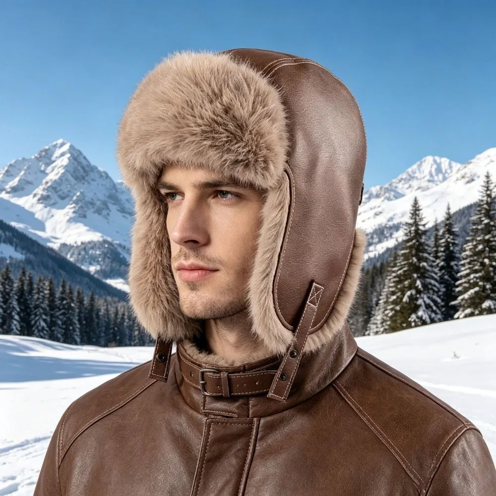 Faux Leather Winter Warm Hat Faux Fur Lined Ear Flap Design Faux Leather Ear Flap Hat Warm Lining Thick Material Windproof Hat