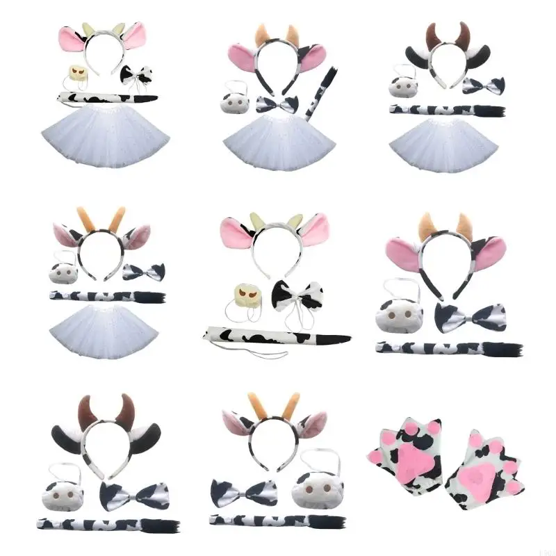 D5QA Cow Costumes Set Cow Ears Tail Bow Tie Skirt Gloves Nose Animal Fancy-Costume Accessories for Halloween Cosplay