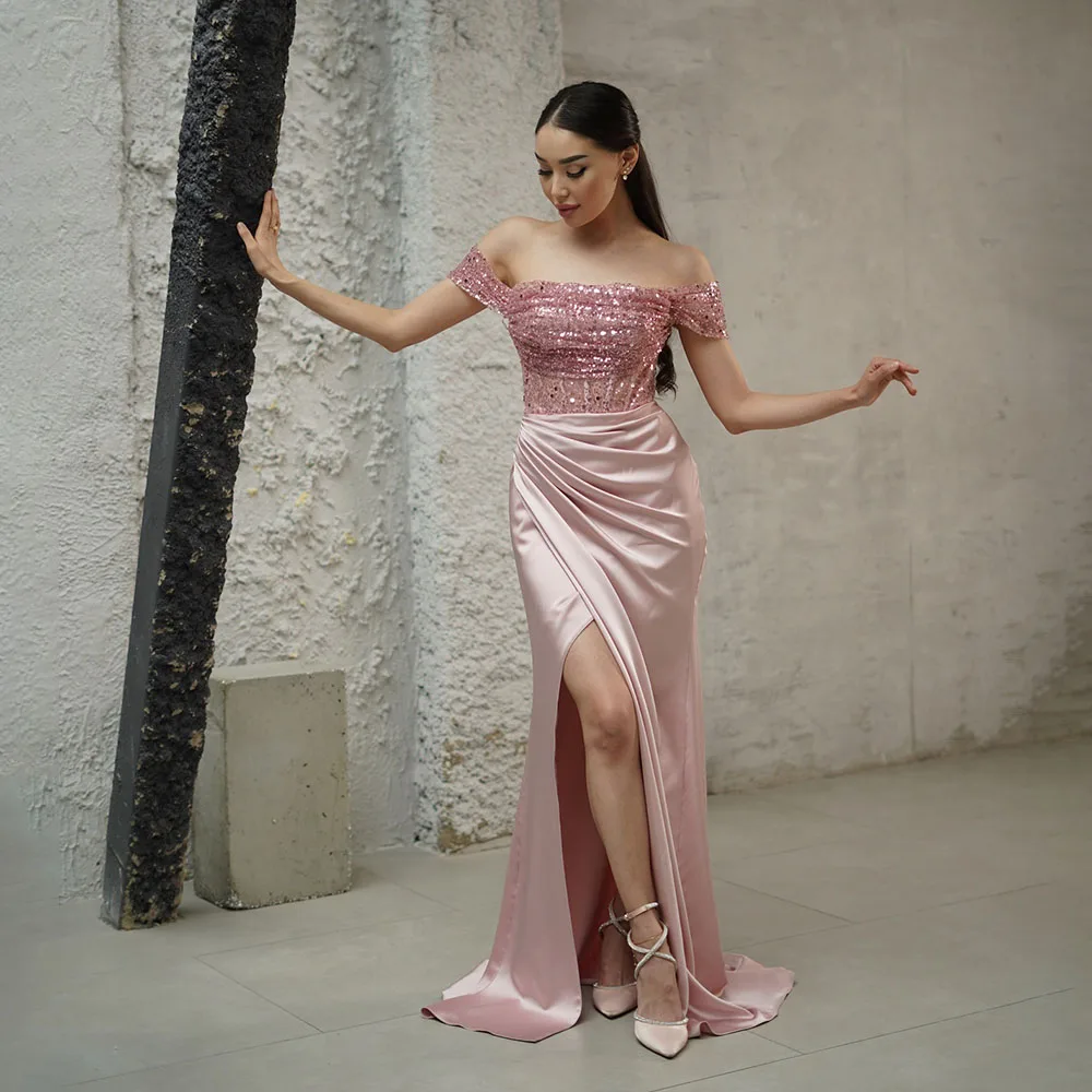 

Fashion Boat Collar Satin Formal Prom Party Dress with Sequins Bling Mermaid Side Slit Court Prom Club Gown vestidos de festa