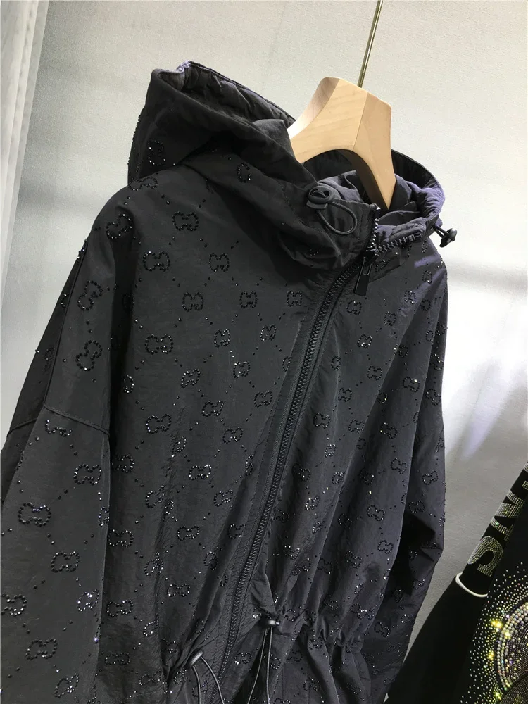 High Quality Hot Drilling Women Cotton-padded Coat Autumn Winter Mid-long Hooded Zip Windbreaker Black Thicken Quilted Overcoat