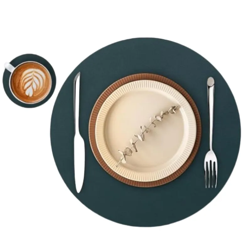 1/6/10 Sets Faux Leather Round Green Placemats And Coasters Heat Resistant for Kitchen Dining Patio Table Christmas Gift Set