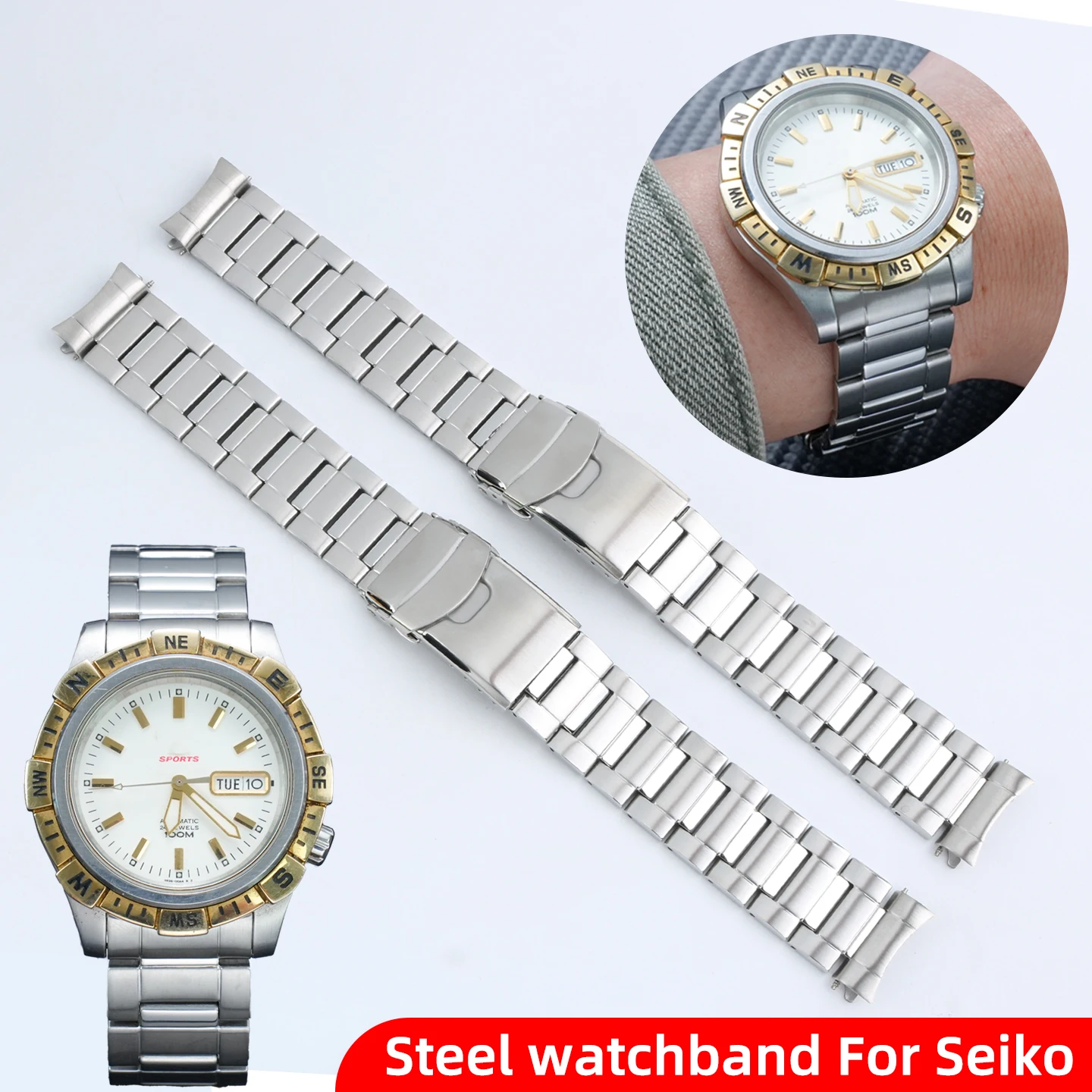 

20mm Curve Stainless steel watchband For Seiko No.5 42mm Dial SNZF08F1 SNZF17 Steel metal chain strap Bracelet watch Accessories