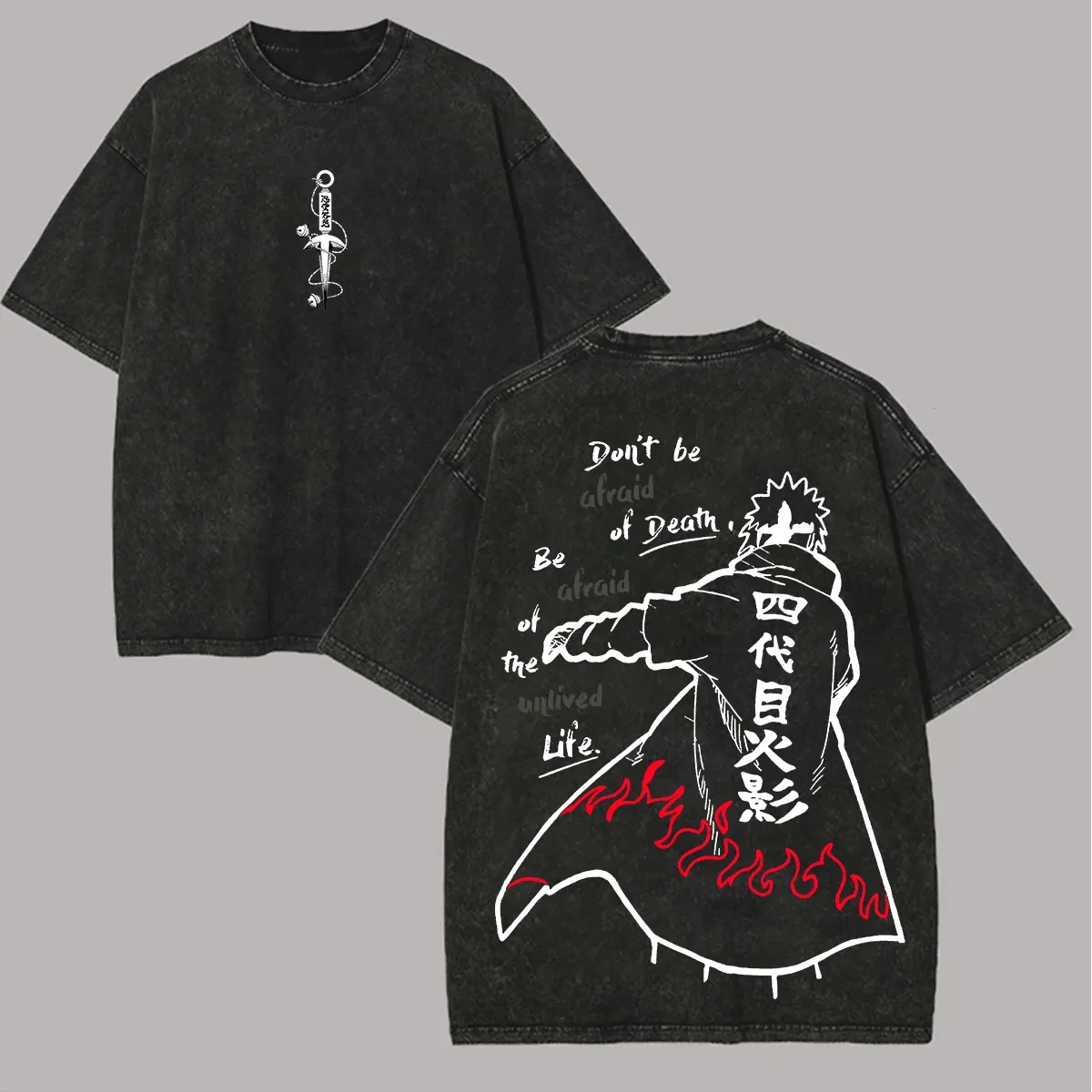 Minato Namikaze T-Shirt Naruto Hokage Zitat Vintage Acid Wash Streetwear Übergroßes Retro Anime Grafik Herren T-Shirt Baumwollkleidung