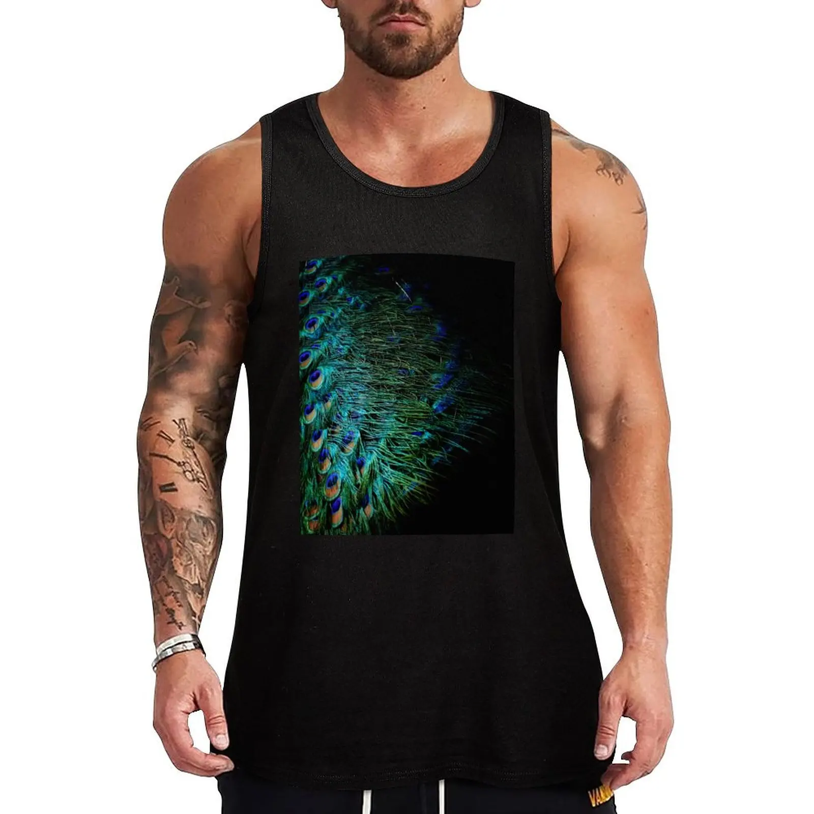 Peacock feathers on a black background Tank Top bodybuilding t shirt t-shirt for man t-shirts man