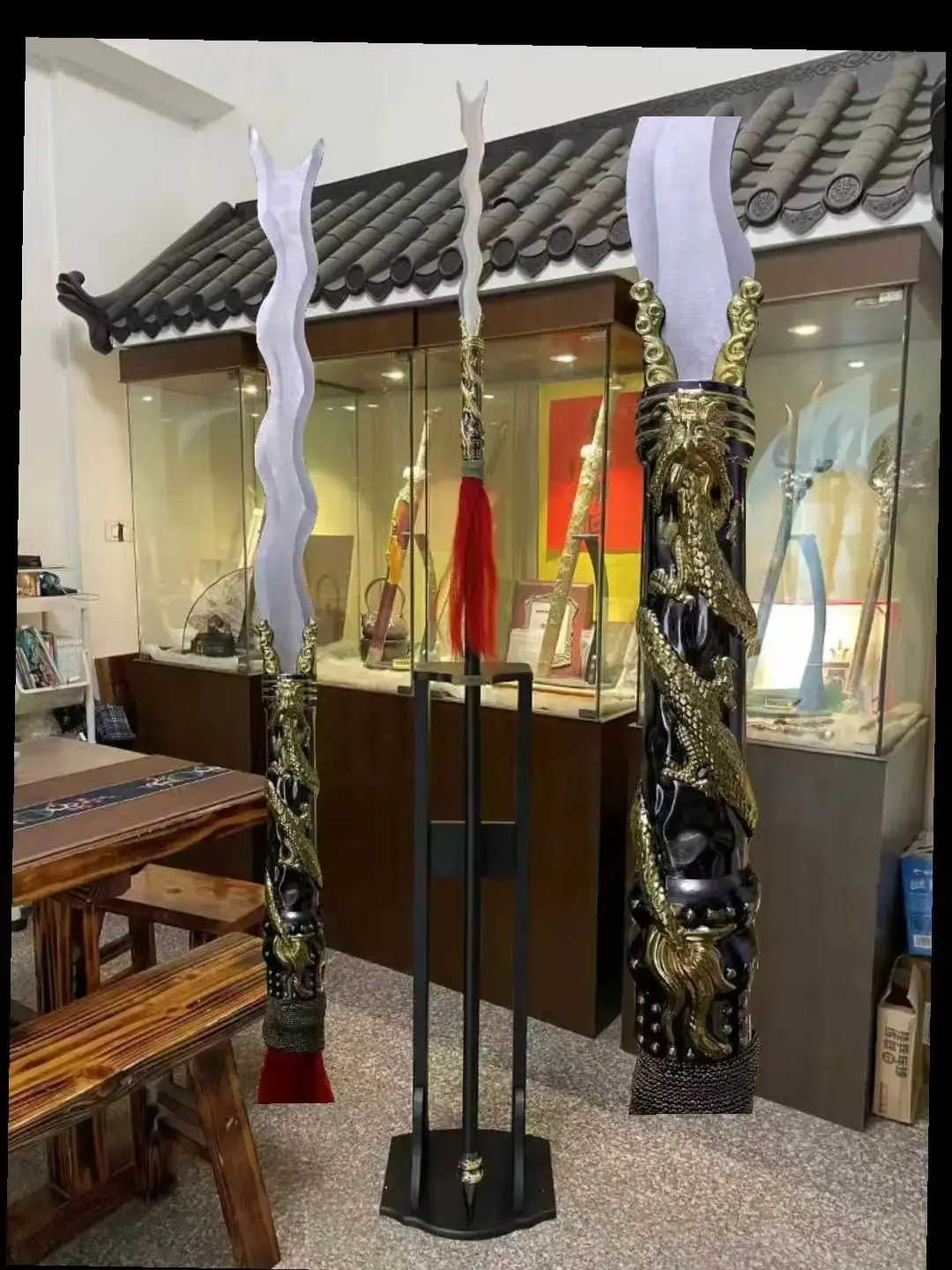 Unique Traditional Chinese Kungfu Battle Weapon-Snake Spear, w/ Vertical Stand,Stainless Steel Blade,Baked Paint Iron Rod,Unhard