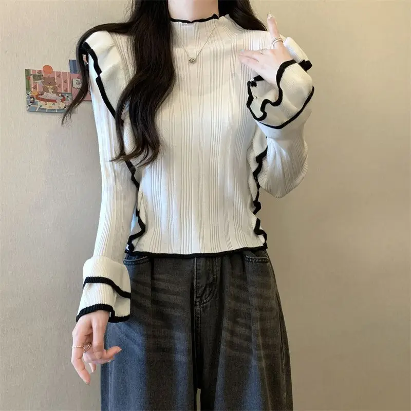 Ruffle Korean Women Sweater Pullovers Stand Knitwears Patchwork Knit Autumn Winter Clothes Flare Long Sleeve Ladies Sweater 2024