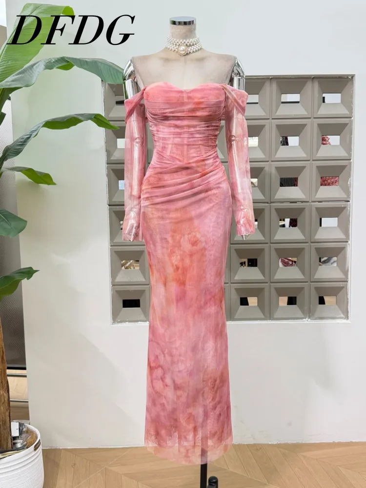 

DFDG Women’s 2025 Spring Summer Vacation Vintage Dress One Shoulder Boned Ruffle Bodycon Pink Ombre Mermaid Beach Maxi Dress