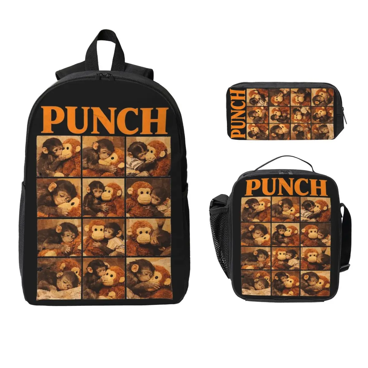 3Pcs Punch Baby Monkey Holding Plush Toy Prints School bags Set for Girls Boys Pen Bags Backpack Sets with Lunch Box