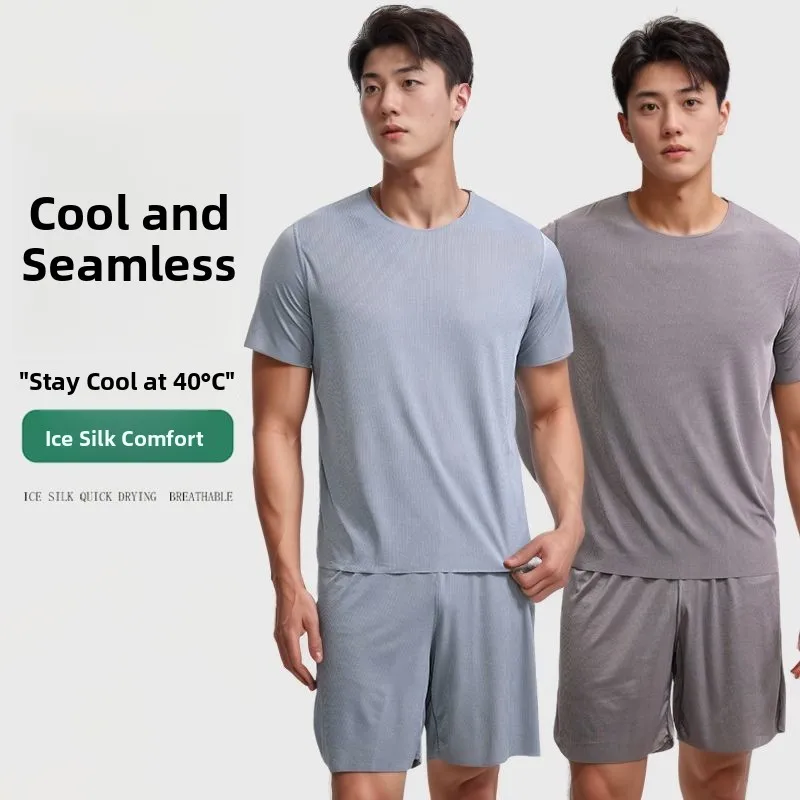 Summer Ice Silk Sleepwear Men's Short Sleeve Shorts Thin Korean Style Simple Silk Home Clothes Two-Piece Set Casual round Neck