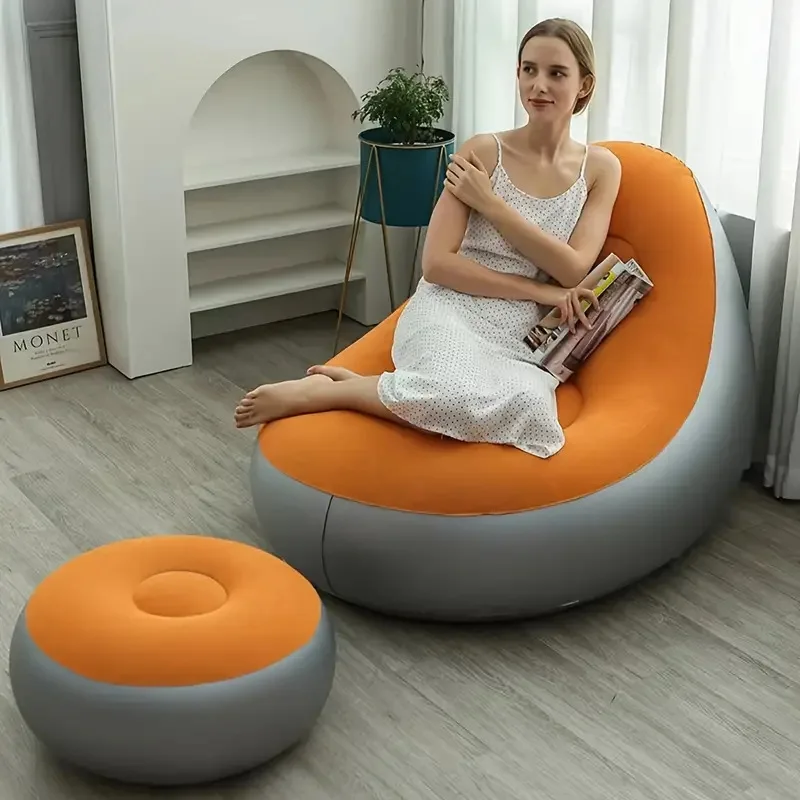 Custom Modern Designed Thickened Lazy Inflatable Sofa Bean-Filled Foldable Recliner Pedal Combination Outdoor Flocking Bean Bag