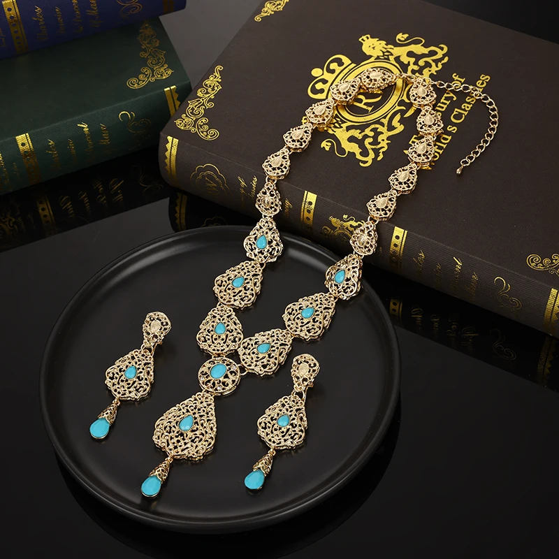 Luxury Women's Drop Necklace Earrings Set Moroccan Style Wedding Necklace Green Rhinestone Golde Color Bridal Jewelry Set Bijoux