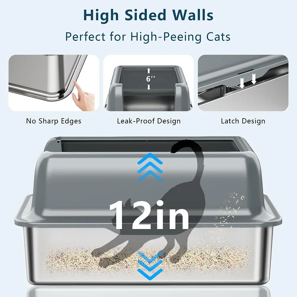 Oversized Open Style Stainless Steel Cat Litter Box Raised Fence High Absorption Splash Proof Cat Toilet Poop Basin Cats Dogs