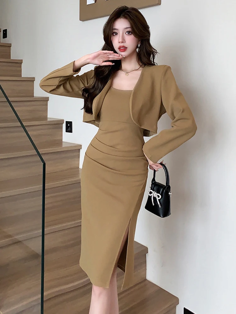 Trendy primavera autunno formale 2 pezzi abiti abiti donna abbigliamento donna giacca corta cappotto Blazer Sexy Strap fessura Midi Dress Set